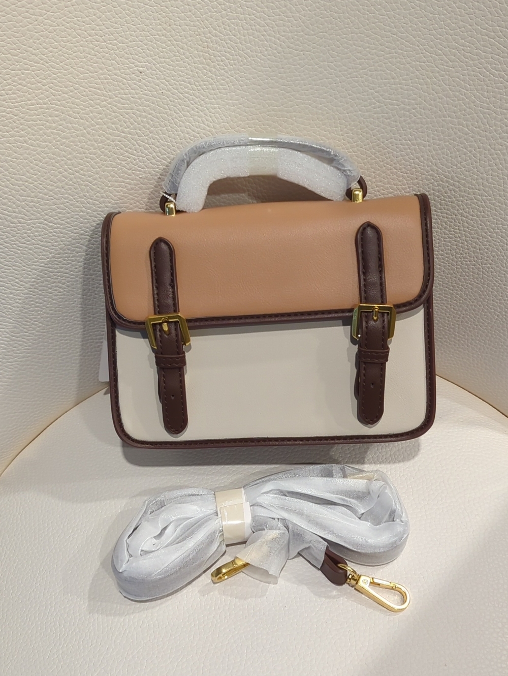 Structured Two-Tone Crossbody Bag in Tan and Cream with Brown Trim